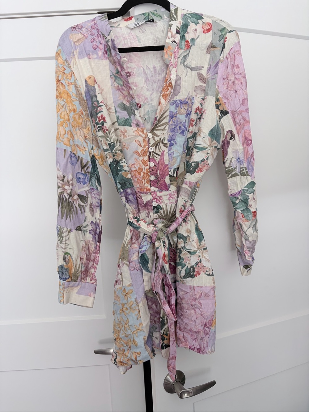 Zara Cream Floral Patchwork Belted Sleep Shirt - Pastel Floral